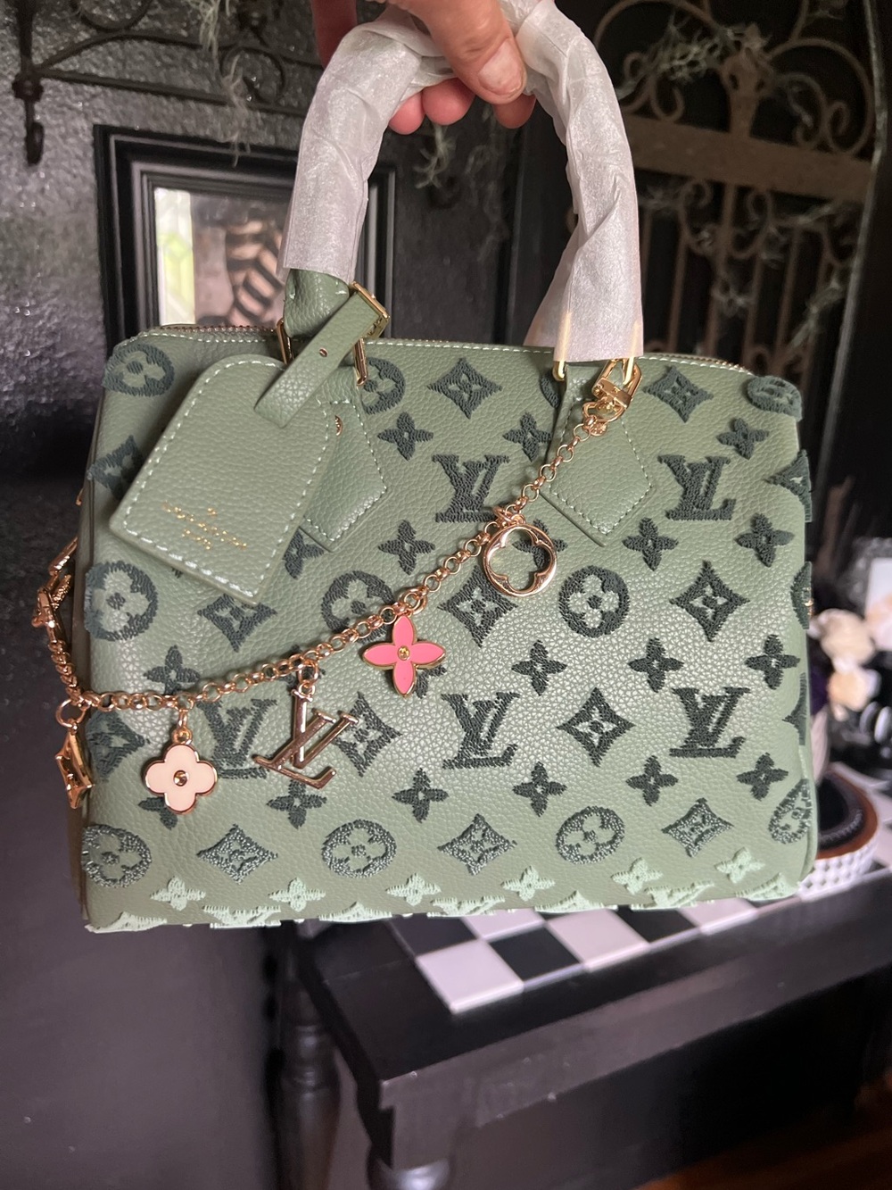 FASHION DESIGNER SAGE GREEN Monogram Satchel-NWOT - Picture 10 of 13